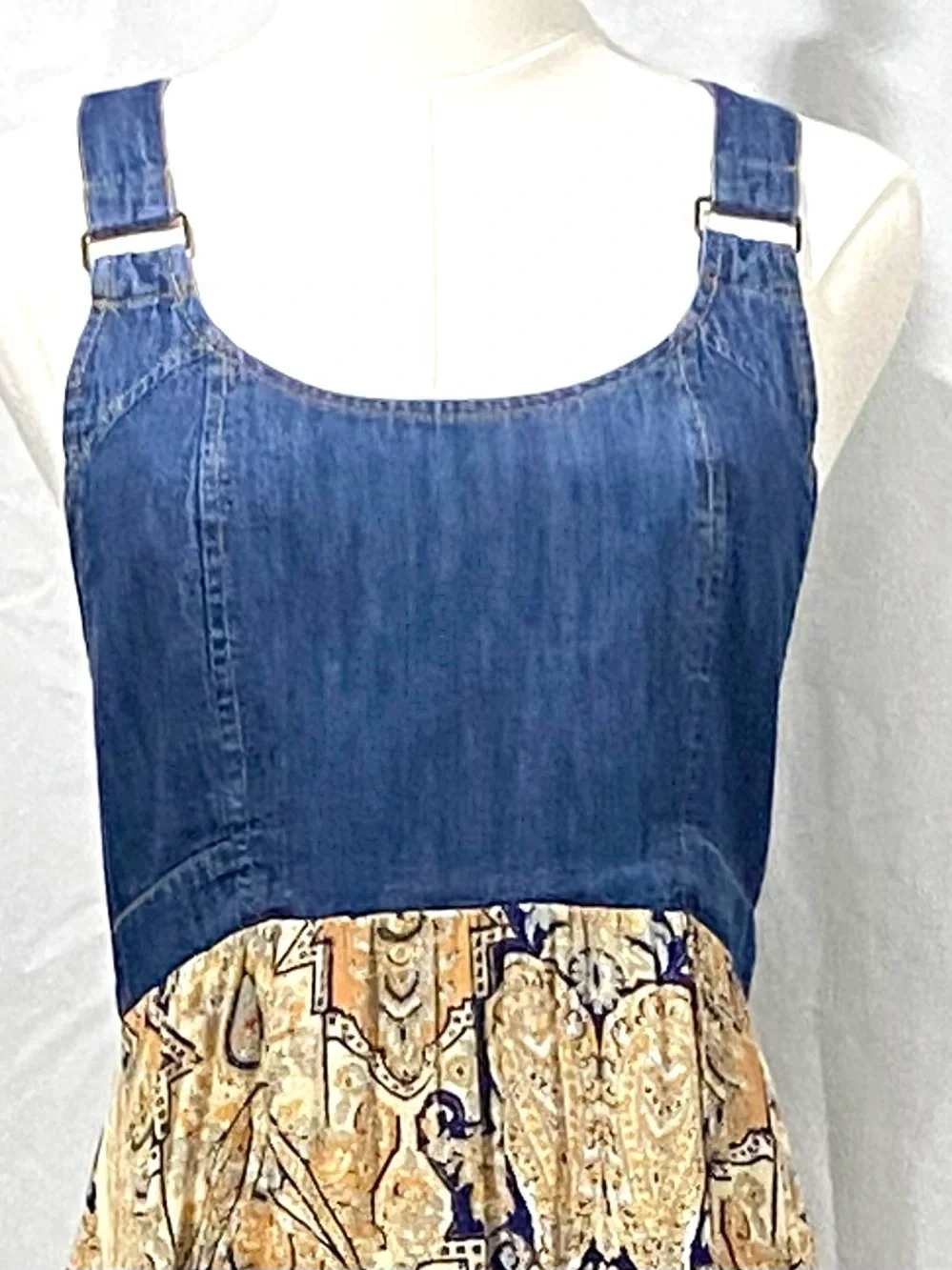 Free People Patchwork Paisley Maxi Dress in Mustard & Navy Denim Bust Size XS